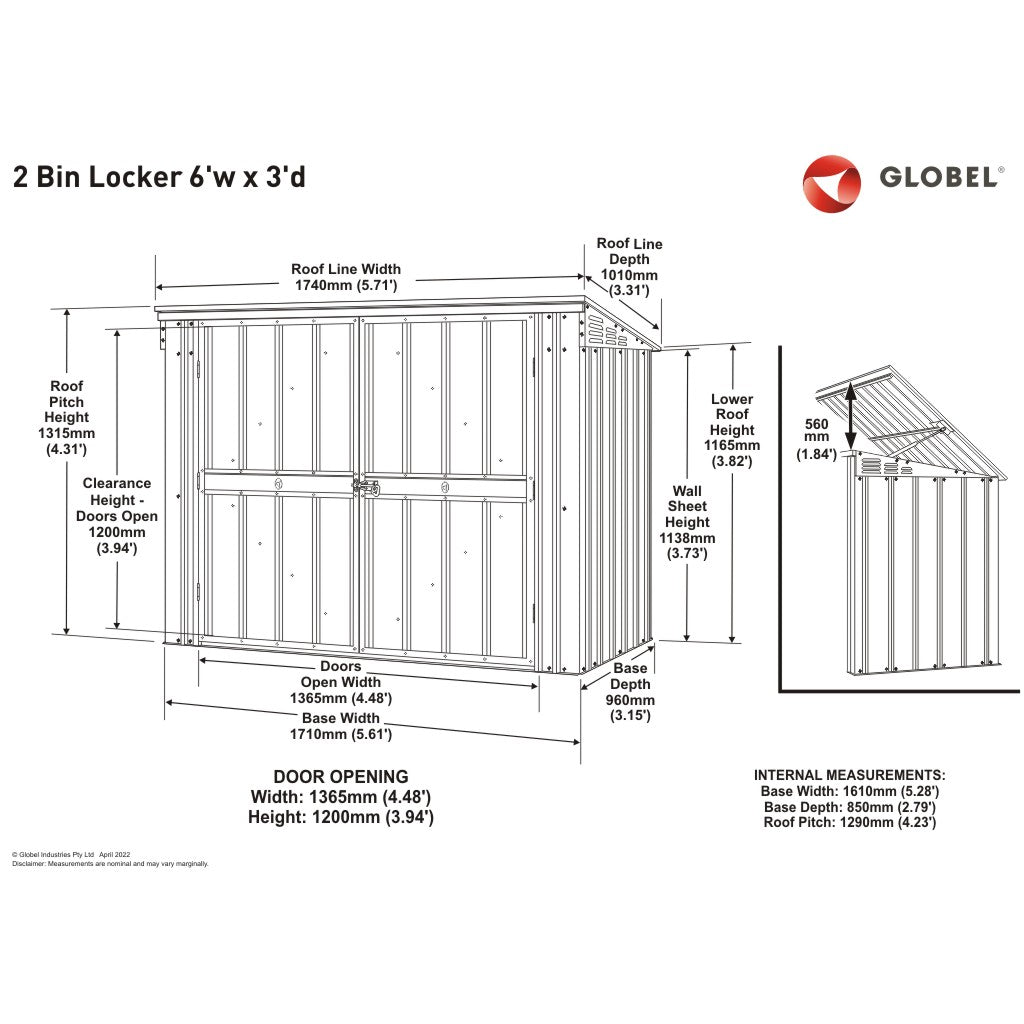 2 Bin Locker, 6 X 3 Ft, Double Hinged Doors, Woodland Grey – dimensions
