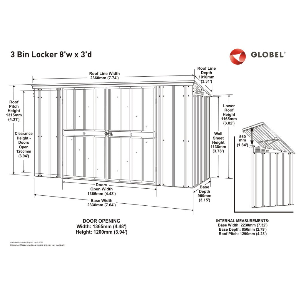 3 Bin Locker, 8 X 3 Ft, Double Hinged Doors, Woodland Grey – dimensions