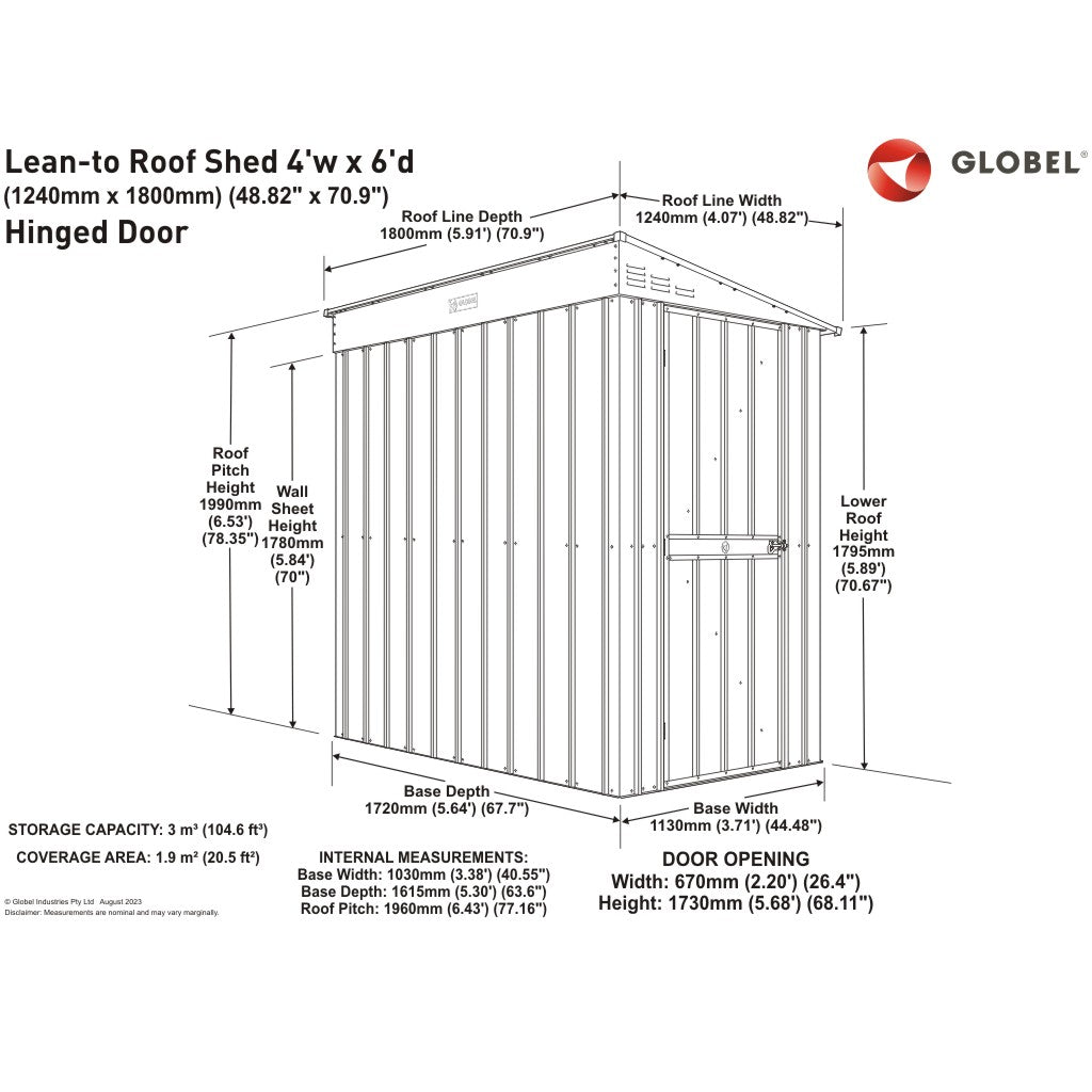 Lean-To Roof Shed, 4 X 6 Ft, Single Hinged Door, Woodland Grey – dimensions