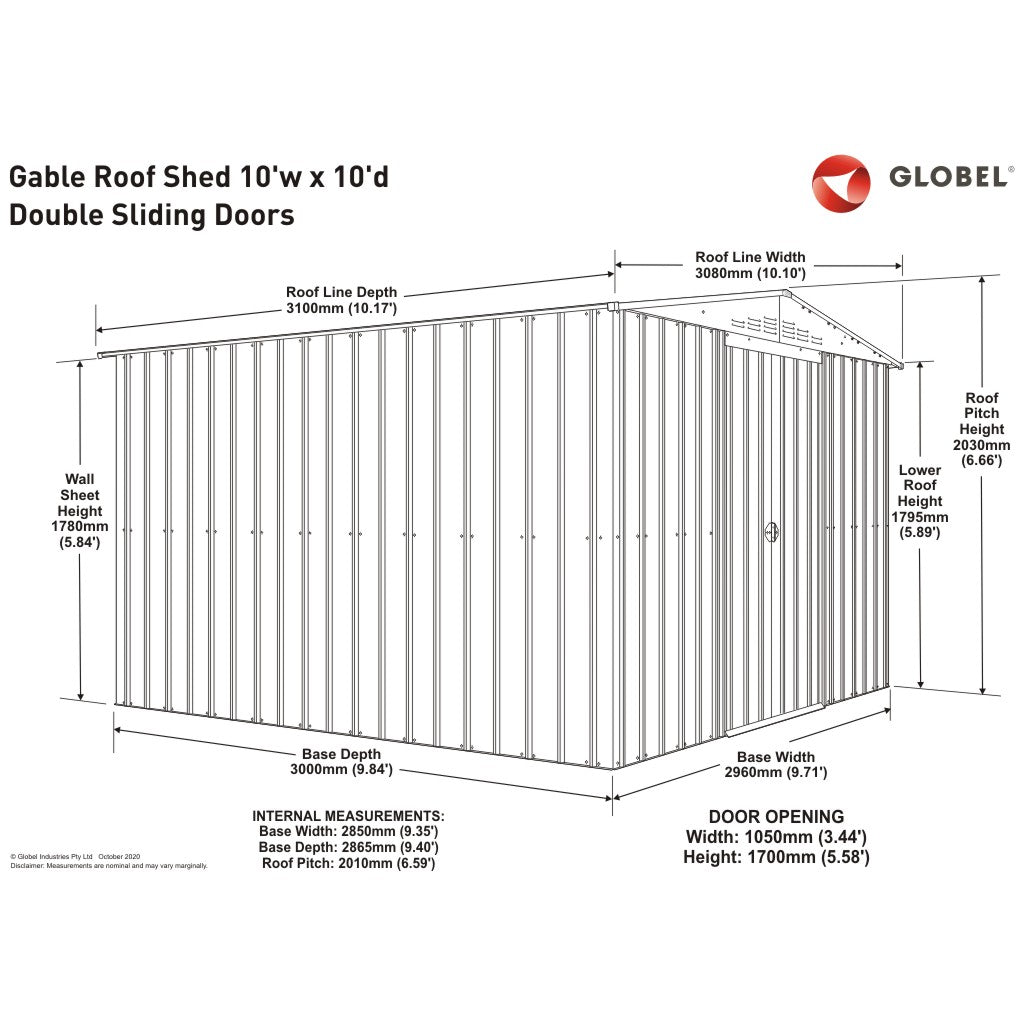 Gable Roof Shed, 10 X 10 Ft, Double Sliding Doors, Smooth Cream – dimensions