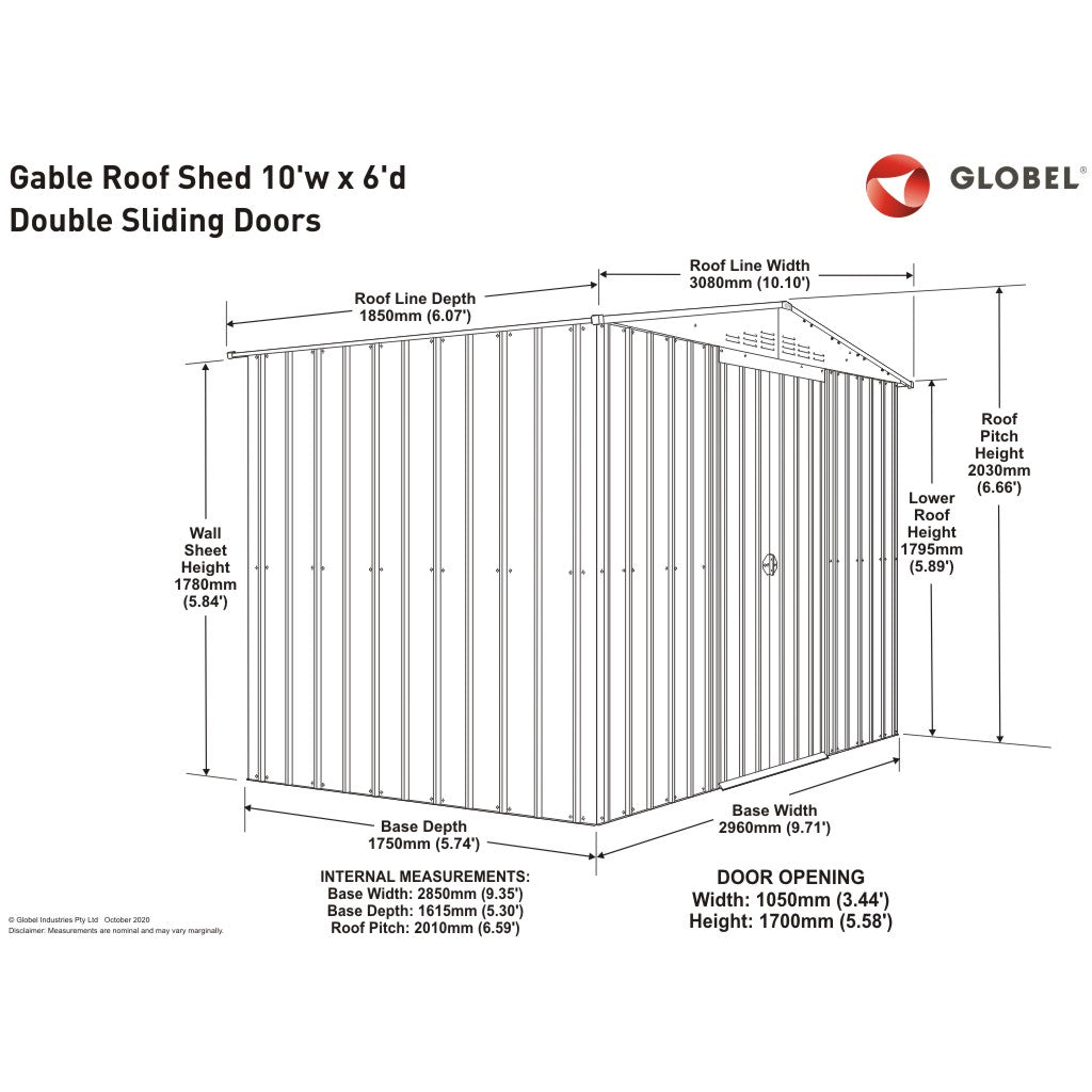 Gable Roof Shed, 10 X 6 Ft, Double Sliding Doors, Smooth Cream – dimensions