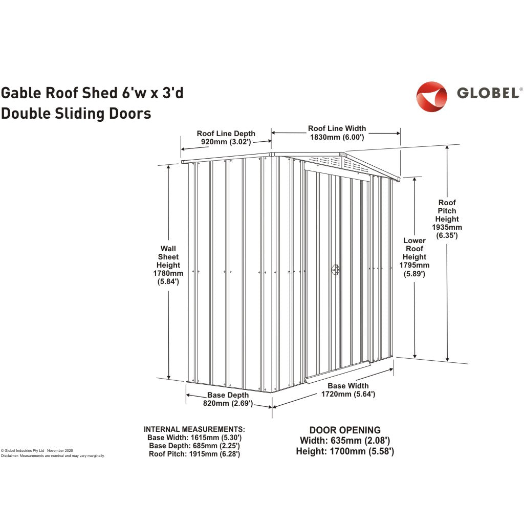 Gable Roof Shed, 6 X 3 Ft, Double Sliding Doors, Smooth Cream – dimensions
