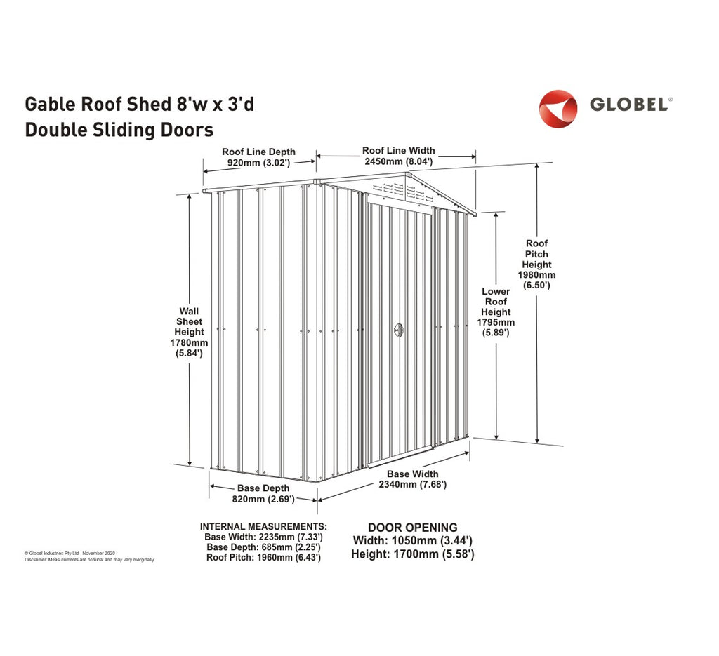 Gable Roof Shed, 8 X 3 Ft, Double Sliding Doors, Woodland Grey – dimensions