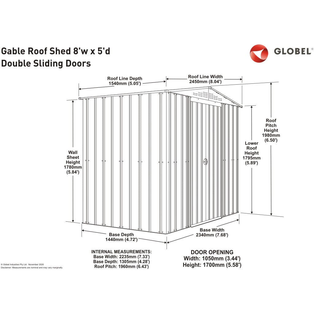 Gable Roof Shed, 8 X 5 Ft, Double Sliding Doors, Woodland Grey – dimensions