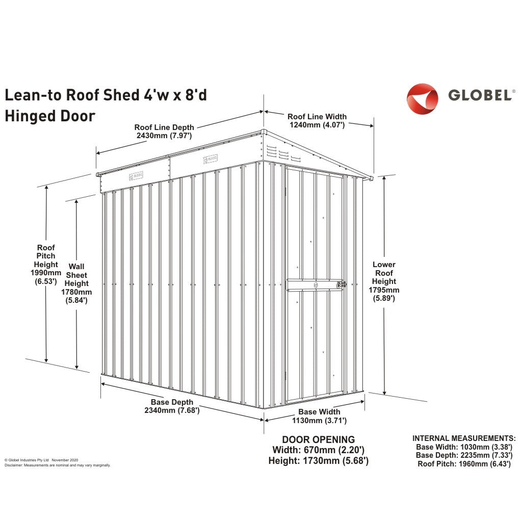 Lean-To Roof Shed, 4 X 8 Ft, Single Hinged Door, Woodland Grey – dimensions